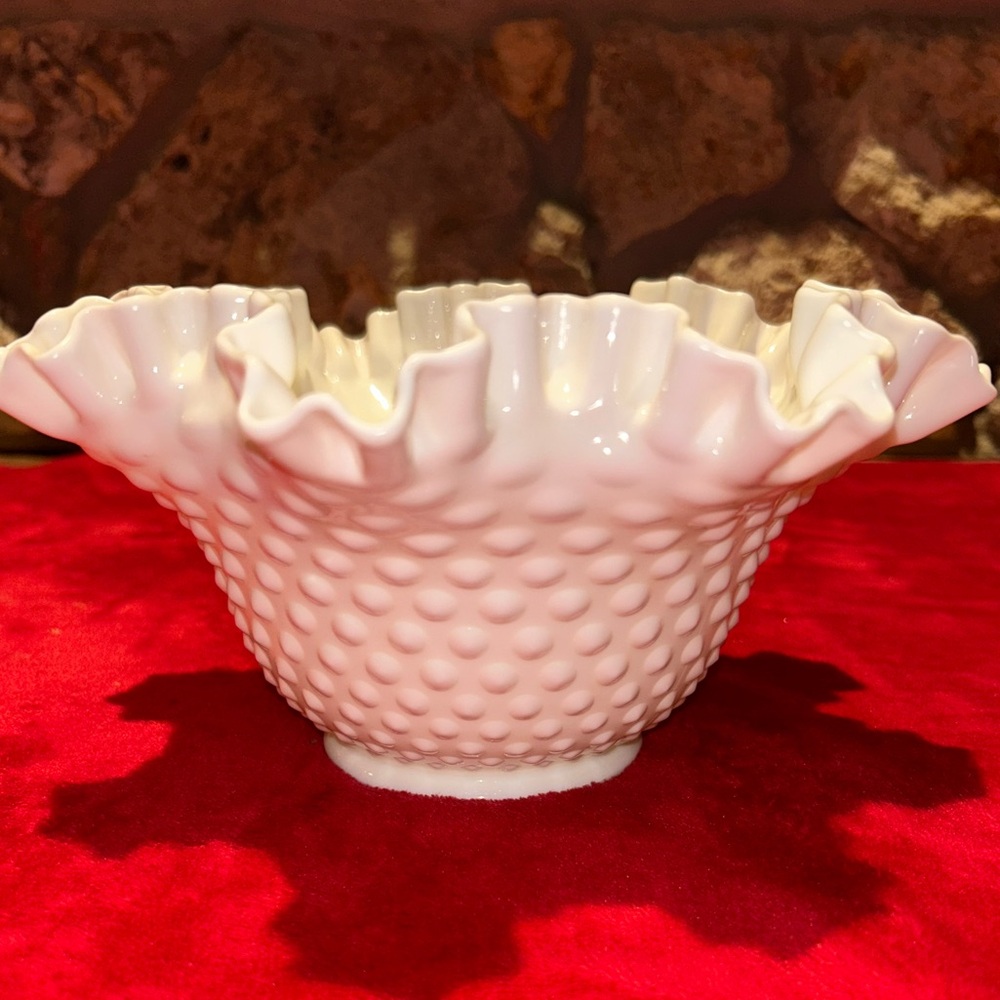 Fenton Vintage Ruffled White Hobnail Bowl
